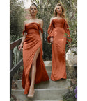 Sweetheart Draped Fitted Ruched Slit Off the Shoulder Satin Floor Length Bridesmaid Dress