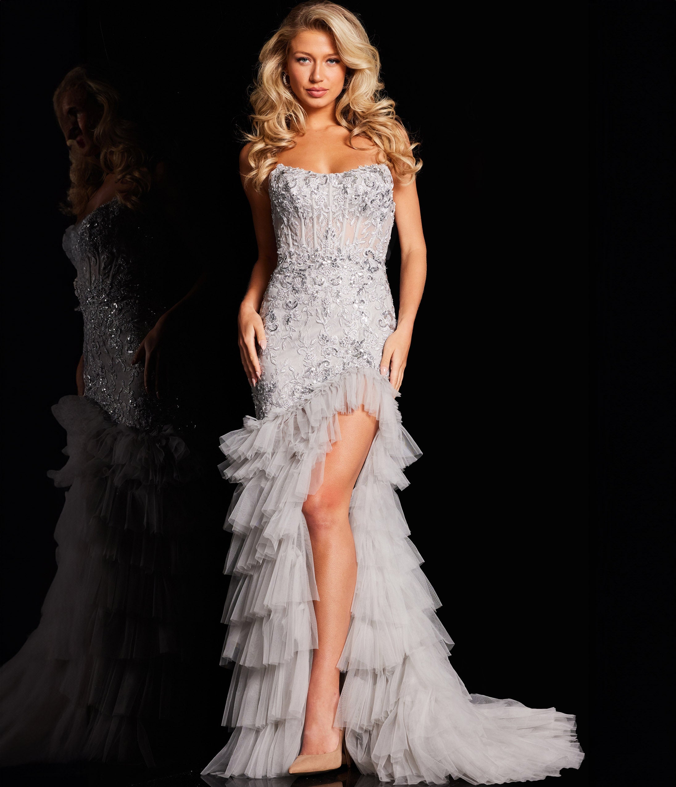 

Jovani Silver Embroidered Corset & Ruffle Fringe Tiered Prom Dress