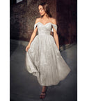 A-line Tulle Off the Shoulder Sweetheart Draped Ruched Glittering Open-Back Tea Length Dress