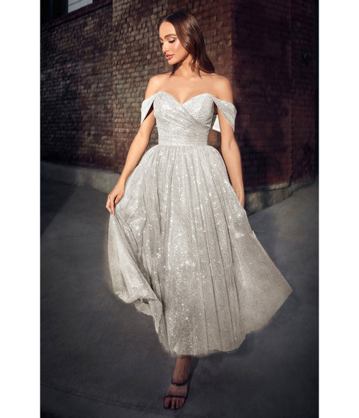 A-line Tea Length Tulle Open-Back Draped Glittering Ruched Sweetheart Off the Shoulder Dress