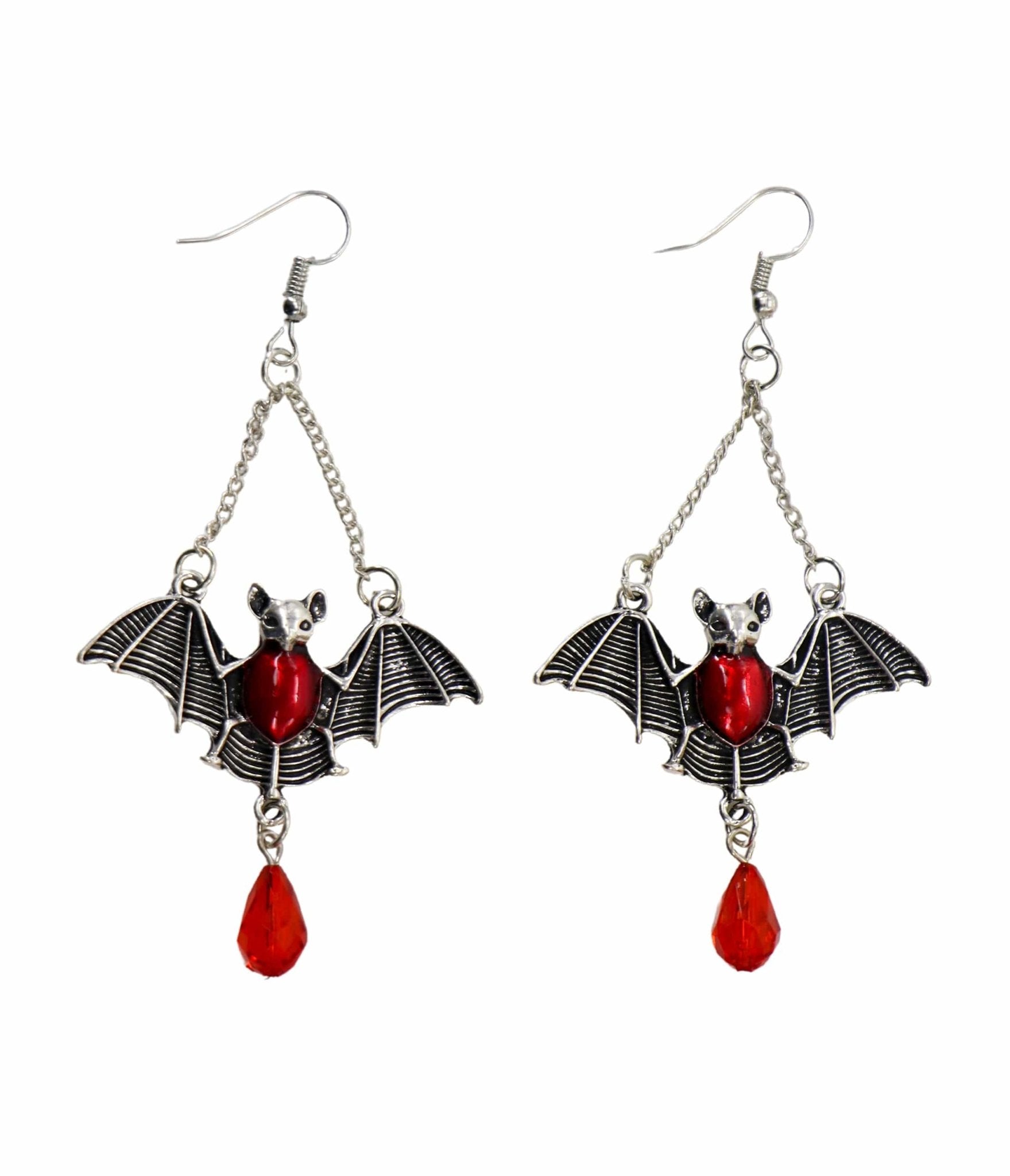 Image of Silver & Red Gem Bat Dangle Earrings