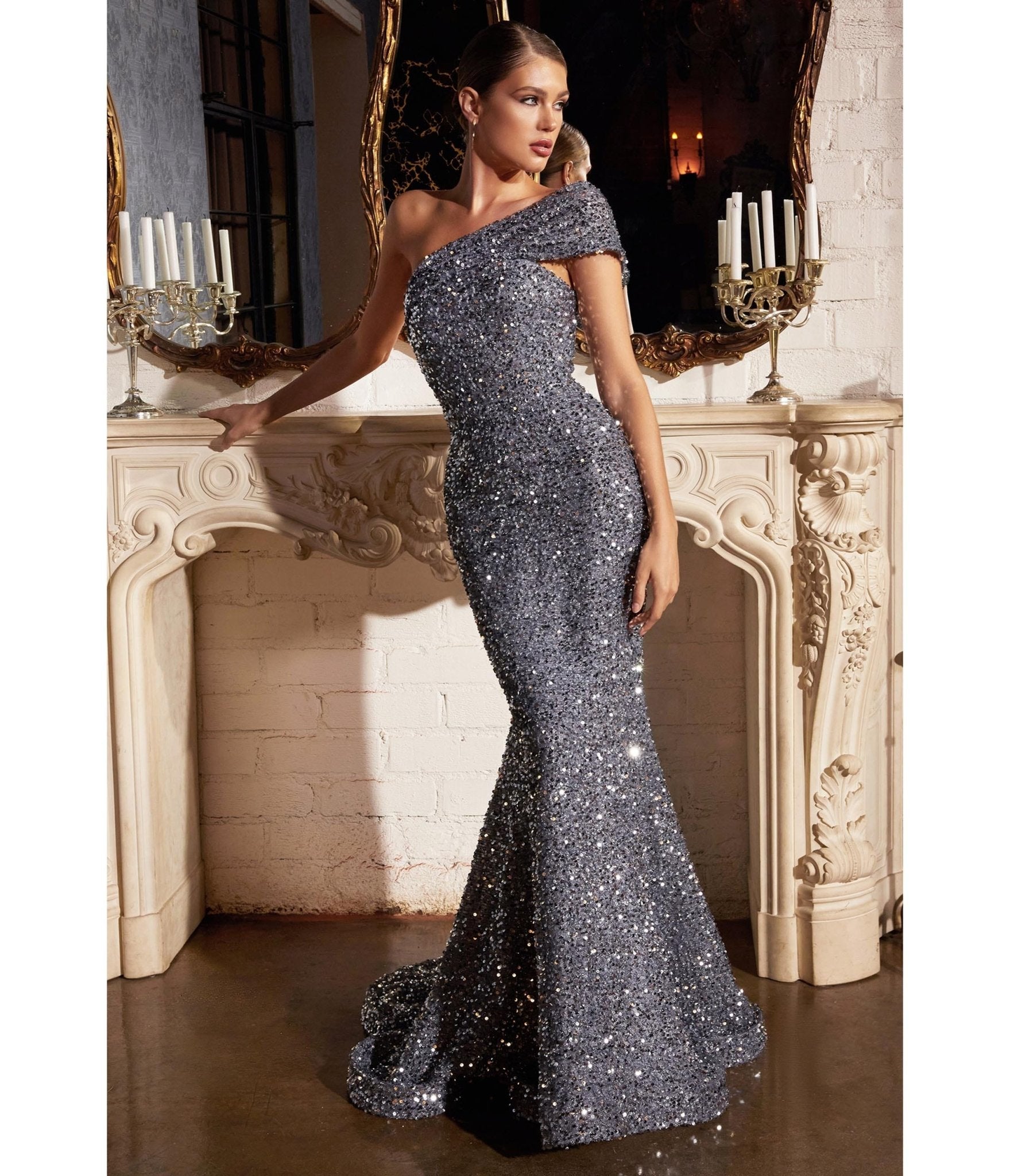 

Cinderella Divine Silver Sequin One Shoulder Mermaid Prom Gown