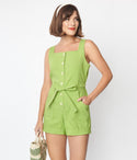 Denim Fitted Button Front Pocketed Sleeveless Square Neck Elasticized Tie Waist Waistline Romper With a Sash