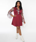 Knit Floral Print Self Tie Fitted Collared Bell Sleeves Fit-and-Flare Dress