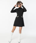 A-line Short Knit Long Sleeves Fit-and-Flare Vintage Pocketed Fitted Mock Neck Turtleneck Dress