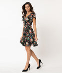 V-neck Fit-and-Flare Floral Print Short Tie Waist Waistline Back Zipper Fitted Snap Closure Faux Wrap Dress