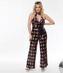 Sequined Button Closure Keyhole Back Zipper Banding Goddess Halter Knit Jumpsuit With a Sash