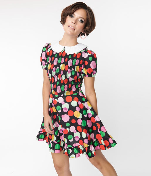 Dots Print Pocketed Fitted Short Collared Smocked Dress
