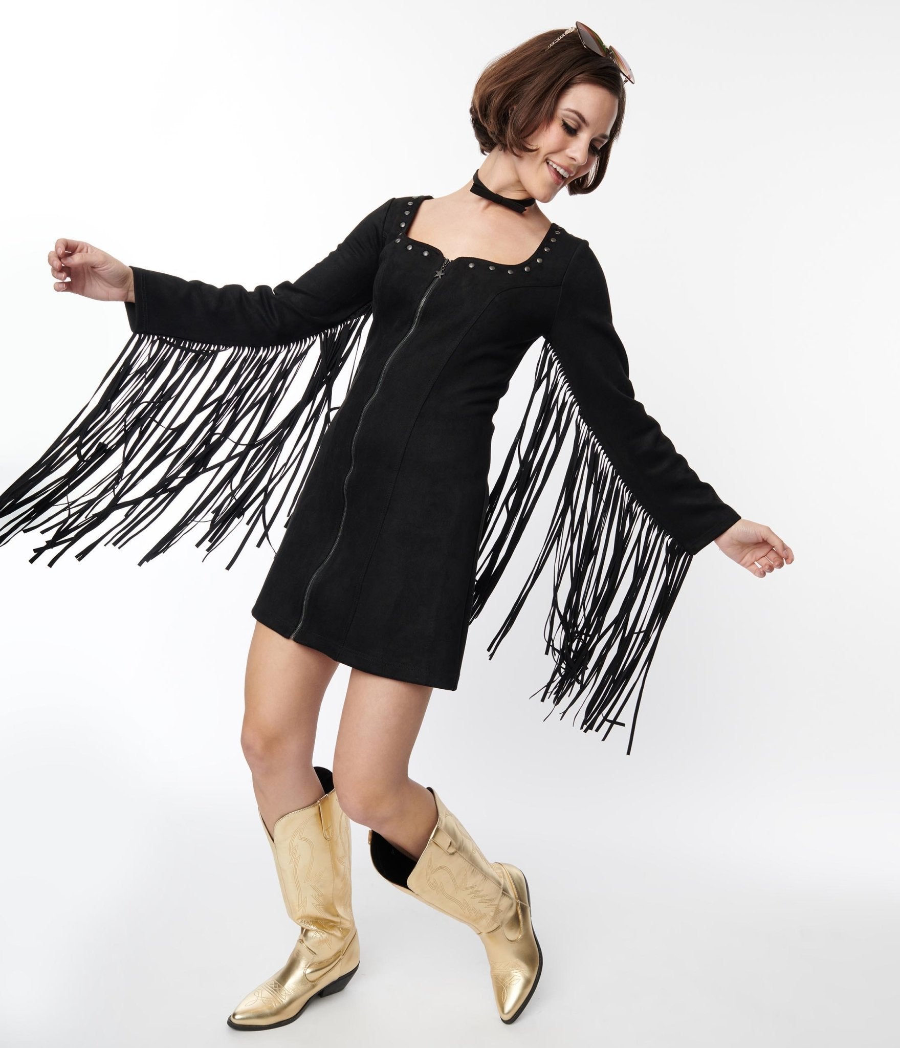 70s Sequin Dresses, Disco Dresses Smak Parlour Black Suede Shift Fringe Dress $98.00 AT vintagedancer.com