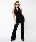 Velvet Front Zipper Open-Back Glittering Collared Halter Polka Dots Print Sleeveless Jumpsuit