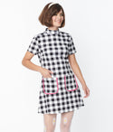 A-line Turtleneck Checkered Gingham Print Knit Pocketed Fitted Piping Short Sleeves Sleeves Short Dress