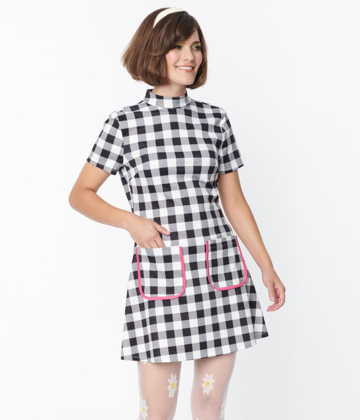 A-line Knit Piping Fitted Pocketed Turtleneck Short Short Sleeves Sleeves Checkered Gingham Print Dress