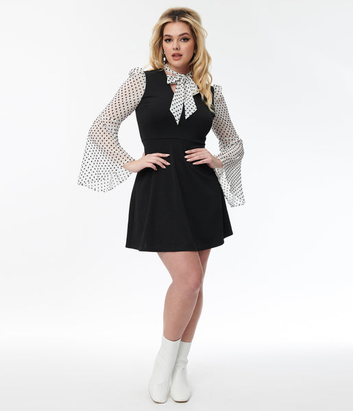 Collared Polka Dots Print Fit-and-Flare Bell Sleeves Fitted Self Tie Knit Dress