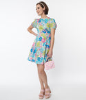 Swing-Skirt Open-Back Self Tie Scoop Neck Lace Puff Sleeves Sleeves Floral Print Dress With a Sash