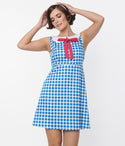 Back Zipper Checkered Gingham Print Sleeveless Collared Shift Dress With a Bow(s)