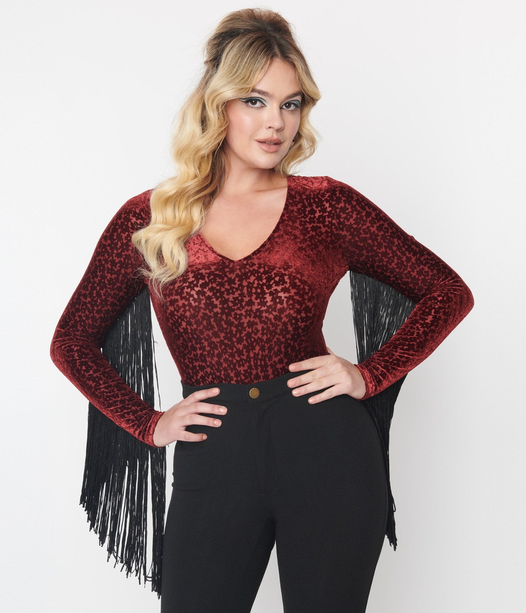 

Smak Parlour 1970S Burgundy Floral Velvet Burnout Fringe Sleeved Bodysuit