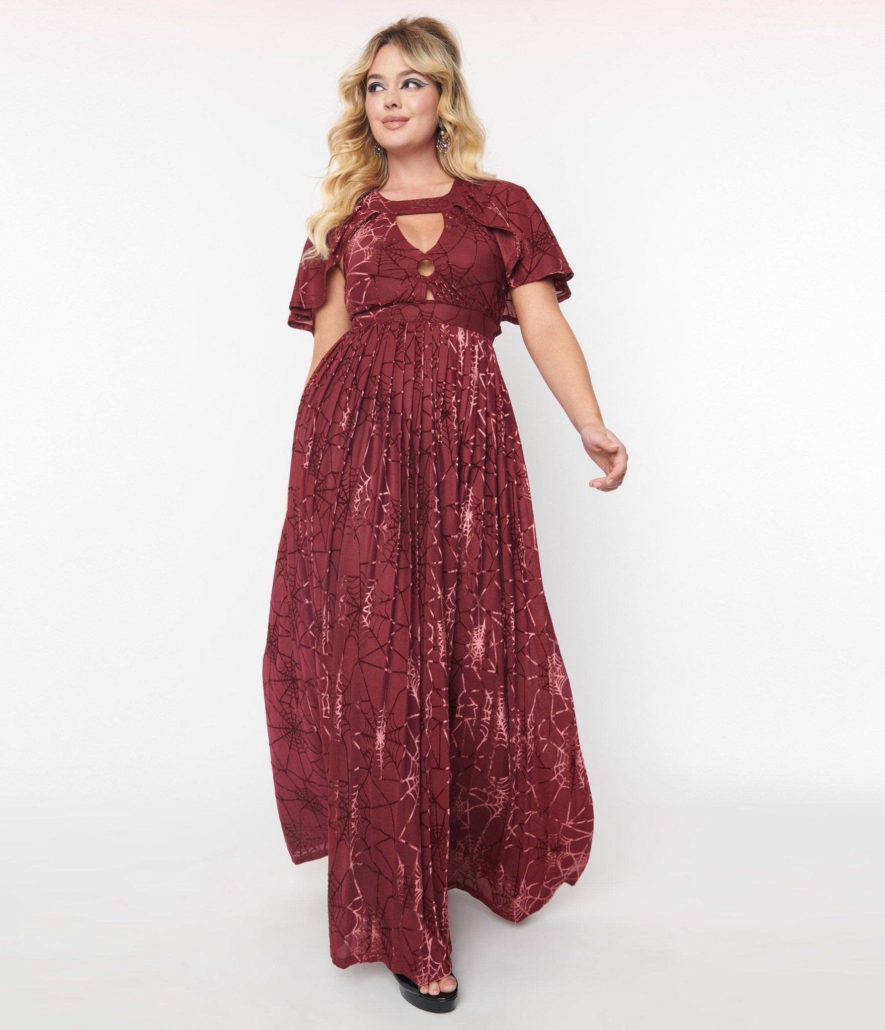 

Smak Parlour 1970S Burgundy & Velvet Spiderweb Cape Maxi Dress