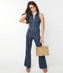 Collared Halter Fitted Front Zipper Denim Jumpsuit