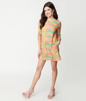 Modest General Print Knit Scoop Neck Stretchy Button Closure Shift Dress