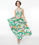 Floral Print Button Closure Pocketed Keyhole Halter Fall Maxi Dress