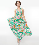 Fall Pocketed Keyhole Button Closure Halter Floral Print Maxi Dress