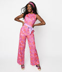 Elasticized Tie Waist Waistline Back Zipper Fitted Cowl Neck Knit Floral Print Jumpsuit With a Sash