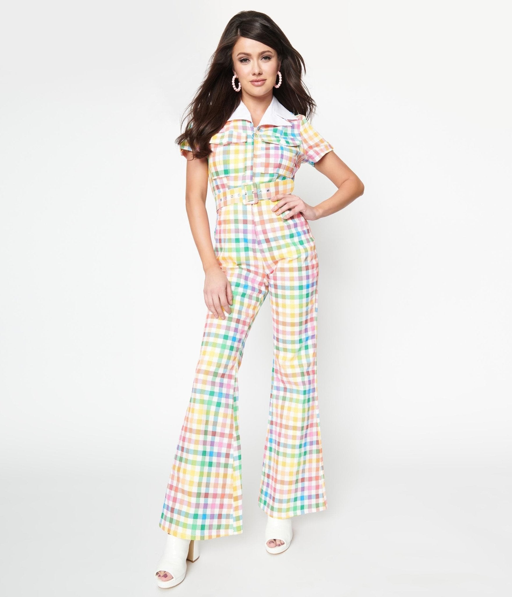 

Smak Parlour 1970S Medium Rainbow Gingham Flare Jumpsuit