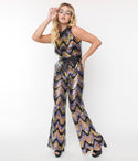 Back Zipper Sequined Fitted Cowl Neck Zig Zag Print Elasticized Tie Waist Waistline Jumpsuit With a Sash