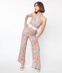 Knit Halter Button Closure Draped Belted Fitted General Print Jumpsuit