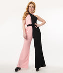 Knit Belted Colorblocking Draped Halter Jumpsuit