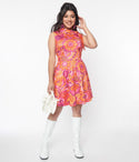 Flared-Skirt Swing-Skirt Self Tie Back Zipper Pocketed Floral Print Turtleneck Dress