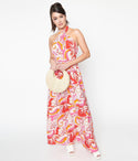 Floral Print Fitted Back Zipper Elasticized Waistline Halter Maxi Dress With a Sash