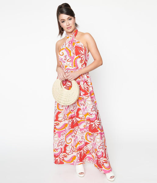 Halter Elasticized Waistline Floral Print Back Zipper Fitted Maxi Dress With a Sash