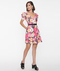 Floral Print Puff Sleeves Sleeves Knit Short Scoop Neck Back Zipper Belted Elasticized Waistline Dress