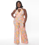 Plus Size Floral Print Halter Knit Back Zipper Button Closure Banding Keyhole Goddess Jumpsuit With a Sash