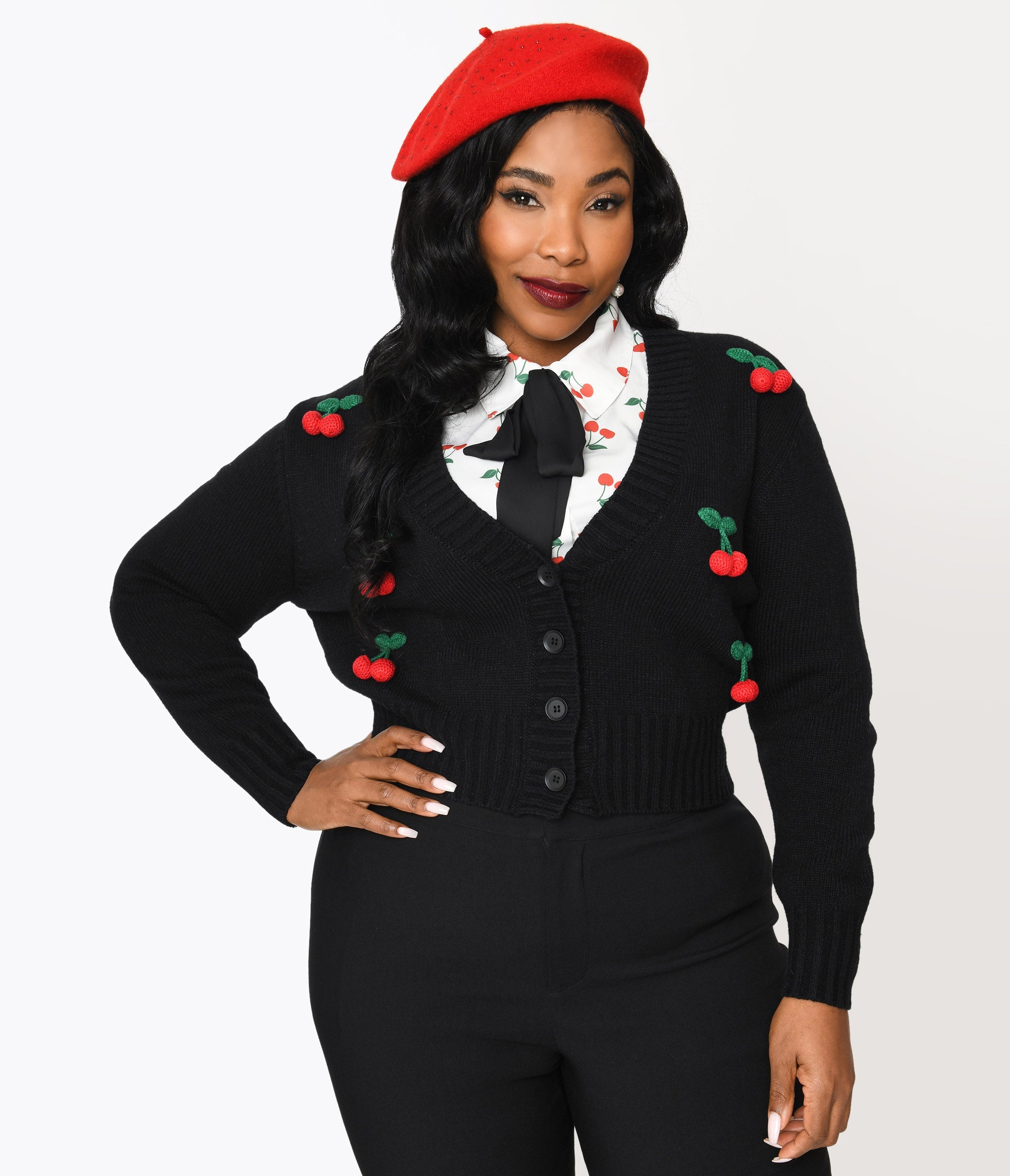 

Smak Parlour Plus Size Black & Cherries Cardigan