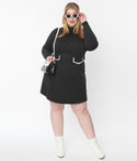 Plus Size A-line Knit Mock Neck Turtleneck Short Pocketed Vintage Back Zipper Fitted Long Sleeves Fit-and-Flare Dress