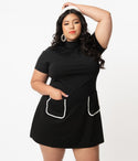 Plus Size A-line Piping Pocketed Fitted Knit Above the Knee Short Sleeves Sleeves Turtleneck Dress