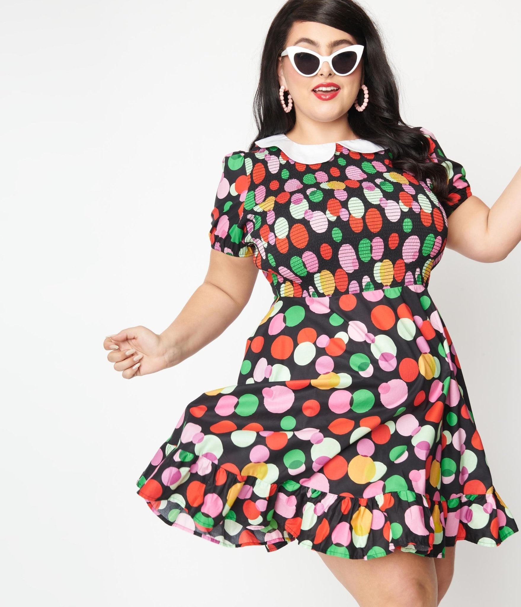 

Smak Parlour Plus Size Black & Rainbow Dot Smocked Fit & Flare Dress