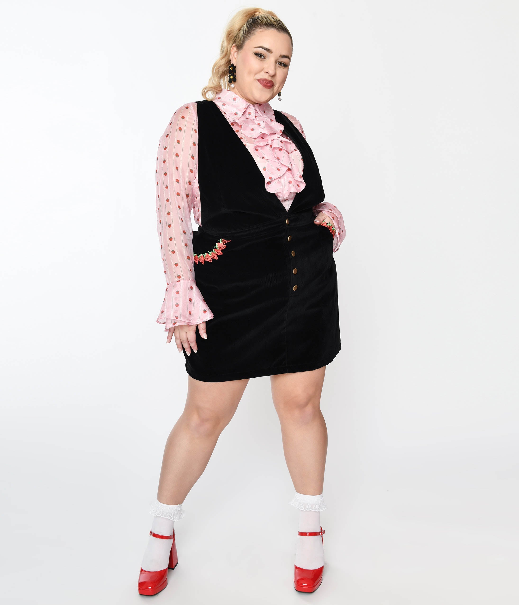 

Smak Parlour Plus Size Black & Strawberry Trim Pinafore Skirt