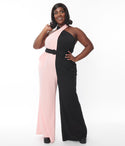 Plus Size Knit Belted Colorblocking Draped Halter Jumpsuit