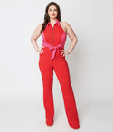 Plus Size Front Zipper Fitted Colorblocking Pocketed Collared Halter Jumpsuit