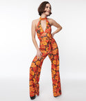 Knit Floral Print Halter Button Closure Goddess Banding Keyhole Back Zipper Jumpsuit With a Sash