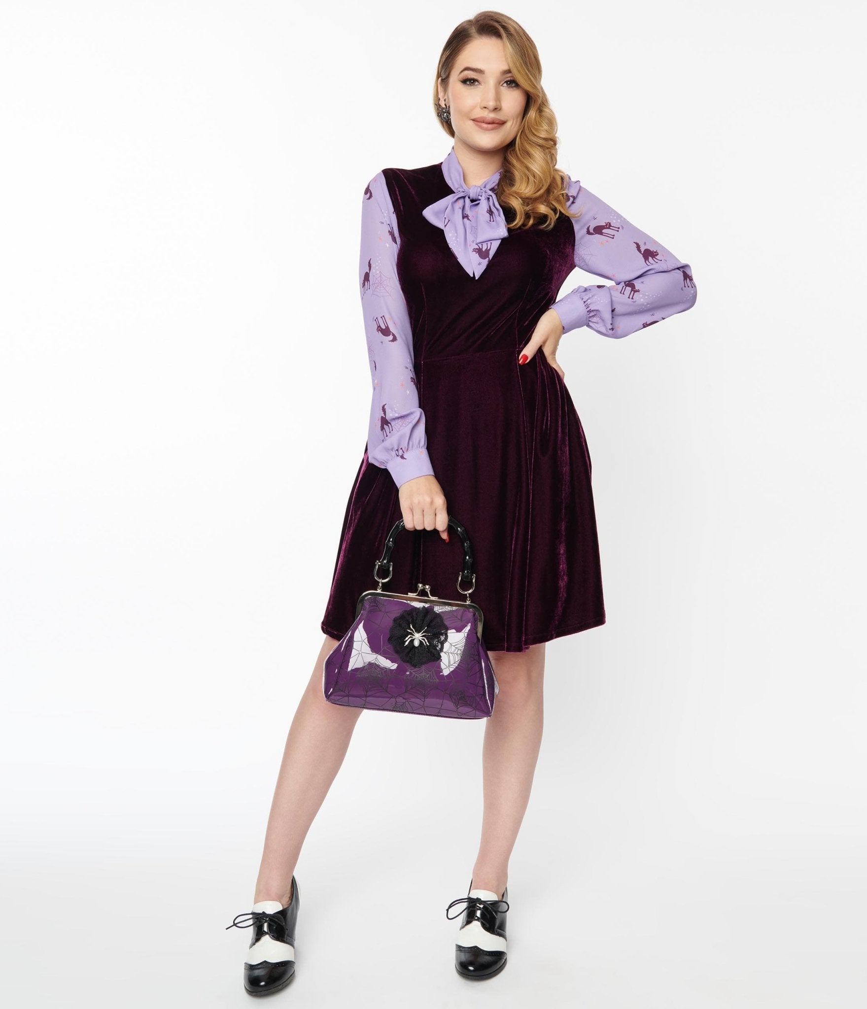 

Smak Parlour Purple Velvet & Scaredy Cat Print She.e.o. Flare Dress