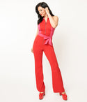Collared Halter Colorblocking Front Zipper Pocketed Fitted Jumpsuit