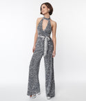 Knit Halter Back Zipper Banding Keyhole Goddess Sequined Button Closure Jumpsuit With a Sash