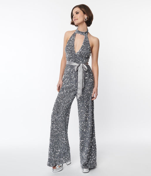 Knit Halter Goddess Keyhole Sequined Back Zipper Banding Button Closure Jumpsuit With a Sash