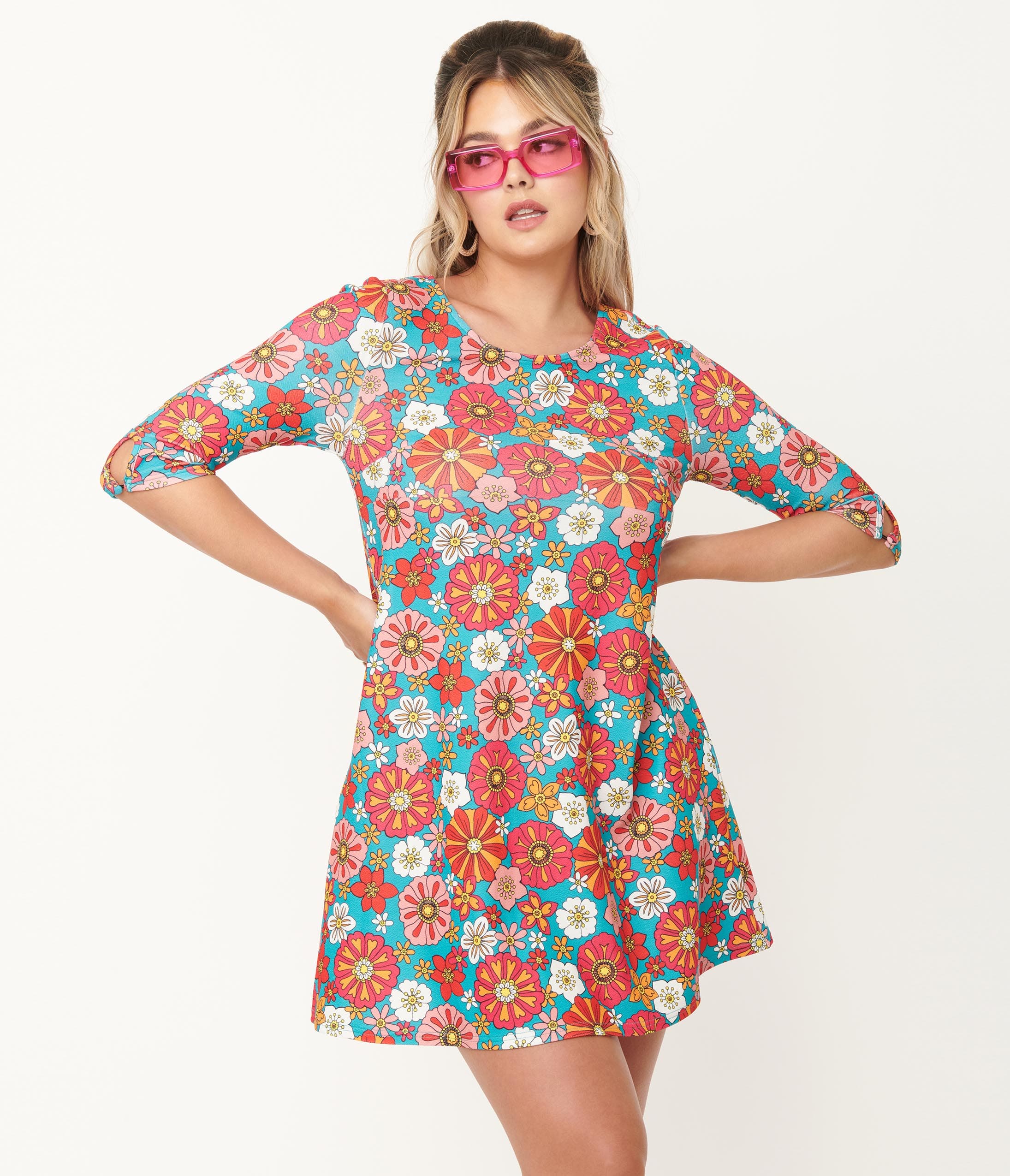 

Smak Parlour Turquoise & Pink Floral Cosmic Mini Dress