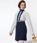 A-line Collared Long Sleeves Polka Dots Print Empire Waistline Dress With Ruffles