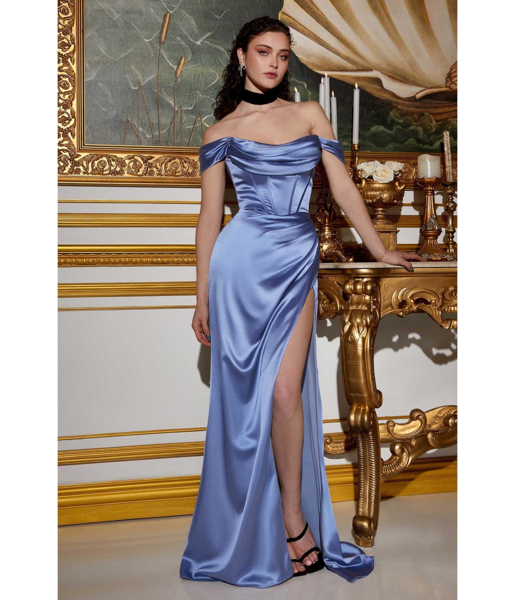 

Cinderella Divine Smokey Blue Satin Off The Shoulder Corset Bridesmaid Gown